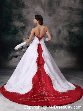 A-Line Strapless Embroidery White and Wine Red Wedding Dress