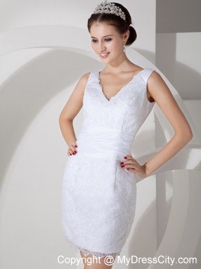 Breathtaking Mini-length Column V-neck Satin and Lace Wedding Dresses