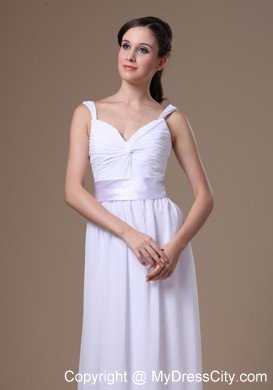 Semi-formal White Empire Straps Dress for Brides with Belt Floor-length