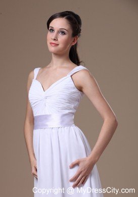 Semi-formal White Empire Straps Dress for Brides with Belt Floor-length