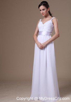 Semi-formal White Empire Straps Dress for Brides with Belt Floor-length