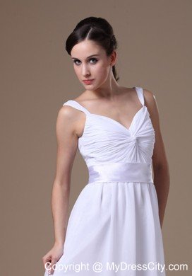 Semi-formal White Empire Straps Dress for Brides with Belt Floor-length