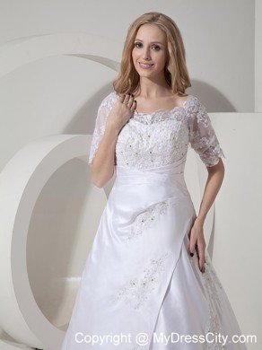 High end A-line Scoop Chapel Train Lace Wedding Dress with Sheer Sleeves