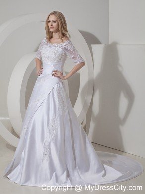 High end A-line Scoop Chapel Train Lace Wedding Dress with Sheer Sleeves