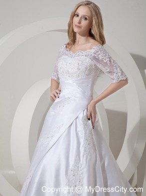 High end A-line Scoop Chapel Train Lace Wedding Dress with Sheer Sleeves