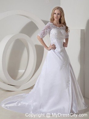 High end A-line Scoop Chapel Train Lace Wedding Dress with Sheer Sleeves