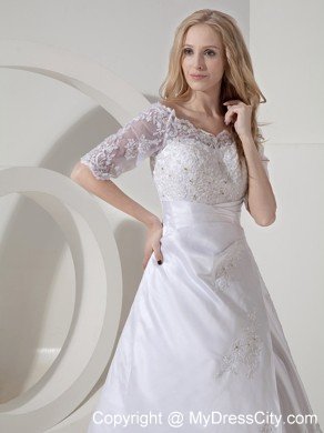 High end A-line Scoop Chapel Train Lace Wedding Dress with Sheer Sleeves