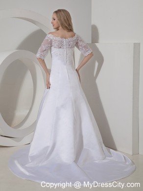 High end A-line Scoop Chapel Train Lace Wedding Dress with Sheer Sleeves