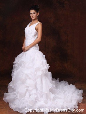 A-line V-neck Ruffled Wedding Dress with Organza Train for Church Wedding