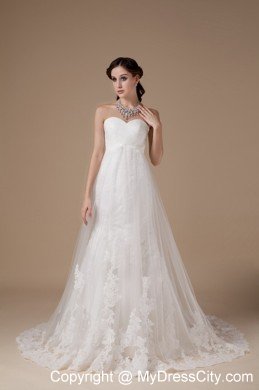 Wonderful A-line Sweetheart Brush Train Tulle and Lace Wedding Gowns