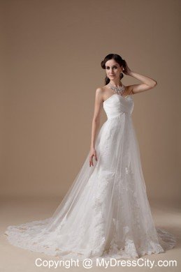 Wonderful A-line Sweetheart Brush Train Tulle and Lace Wedding Gowns