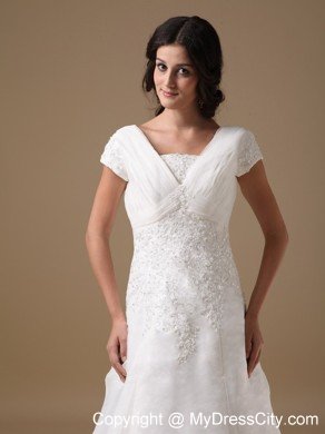 Cute A-line V-neck Court Train Appliques Wedding Dress with Cap Sleeves