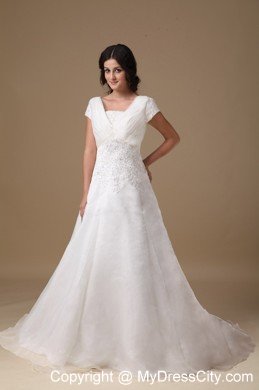 Cute A-line V-neck Court Train Appliques Wedding Dress with Cap Sleeves