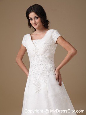 Cute A-line V-neck Court Train Appliques Wedding Dress with Cap Sleeves