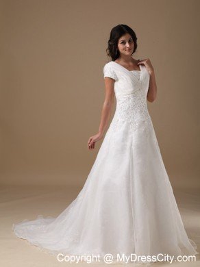 Cute A-line V-neck Court Train Appliques Wedding Dress with Cap Sleeves