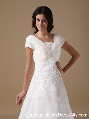 Cute A-line V-neck Court Train Appliques Wedding Dress with Cap Sleeves