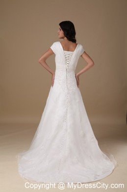 Cute A-line V-neck Court Train Appliques Wedding Dress with Cap Sleeves