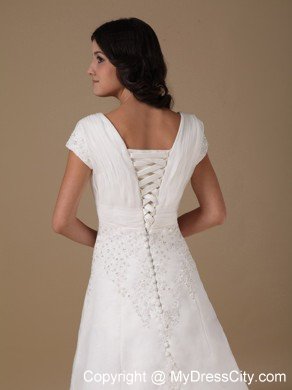 Cute A-line V-neck Court Train Appliques Wedding Dress with Cap Sleeves