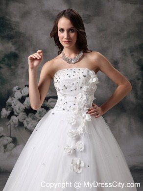 Discount Strapless A-line Jewelry Bridal Dress with Handmade Flower