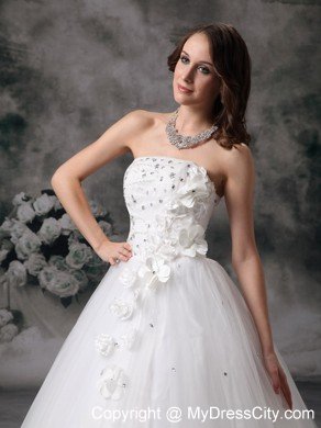 Discount Strapless A-line Jewelry Bridal Dress with Handmade Flower