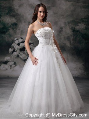 Discount Strapless A-line Jewelry Bridal Dress with Handmade Flower