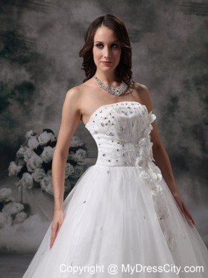 Discount Strapless A-line Jewelry Bridal Dress with Handmade Flower