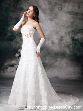 Formal Long A-line Strapless Court Train and Bowknot Lace Wedding Dress