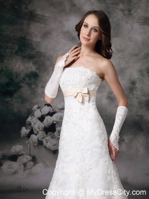 Formal Long A-line Strapless Court Train and Bowknot Lace Wedding Dress