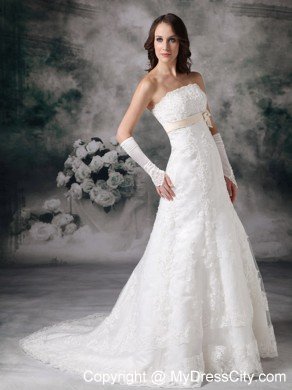 Formal Long A-line Strapless Court Train and Bowknot Lace Wedding Dress