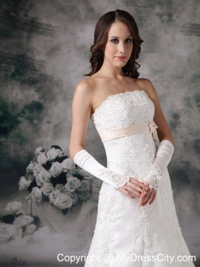 Formal Long A-line Strapless Court Train and Bowknot Lace Wedding Dress