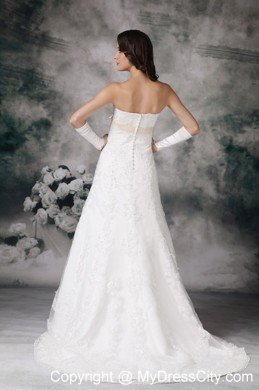 Formal Long A-line Strapless Court Train and Bowknot Lace Wedding Dress