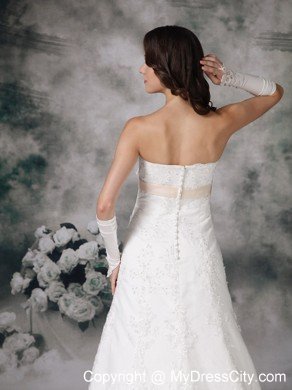 Formal Long A-line Strapless Court Train and Bowknot Lace Wedding Dress