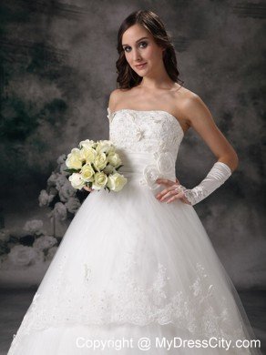 Outdoor Lace A-line Strapless Chapel Train Hand Made Flowers Bridal Dress