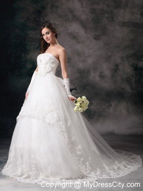 Outdoor Lace A-line Strapless Chapel Train Hand Made Flowers Bridal Dress