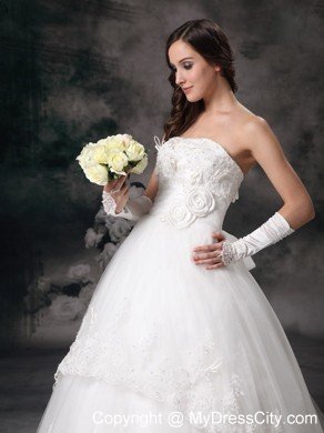 Outdoor Lace A-line Strapless Chapel Train Hand Made Flowers Bridal Dress