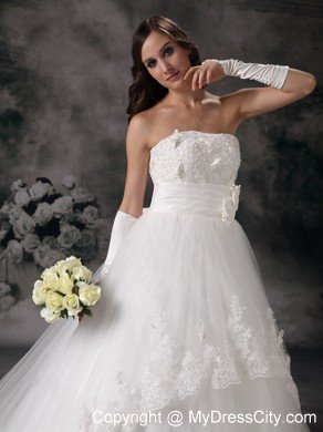 Outdoor Lace A-line Strapless Chapel Train Hand Made Flowers Bridal Dress