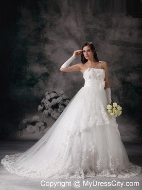 Outdoor Lace A-line Strapless Chapel Train Hand Made Flowers Bridal Dress