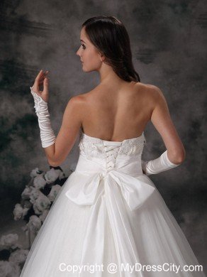 Outdoor Lace A-line Strapless Chapel Train Hand Made Flowers Bridal Dress