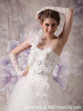 Beaded A-line One Ruffle Shoulder Floor-length Organza Wedding Dress