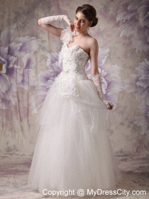 Beaded A-line One Ruffle Shoulder Floor-length Organza Wedding Dress