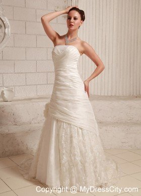 Customize Long A-line Strapless Flowers and Ruche Lace Wedding Dress