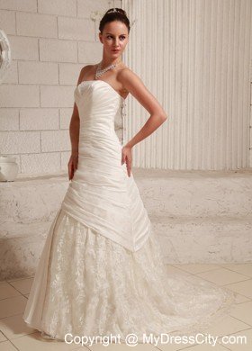 Customize Long A-line Strapless Flowers and Ruche Lace Wedding Dress