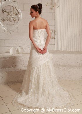 Customize Long A-line Strapless Flowers and Ruche Lace Wedding Dress