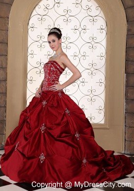 Wine Red Strapless Pick-ups Wedding Gown 2013 Corset Back