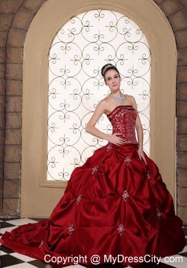 Wine Red Strapless Pick-ups Wedding Gown 2013 Corset Back