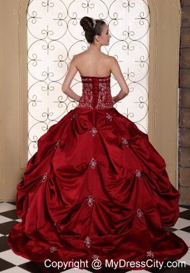 Wine Red Strapless Pick-ups Wedding Gown 2013 Corset Back