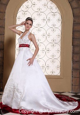 Beautiful Halter Top Embroidery Ribbon Wedding Dress with Red Train