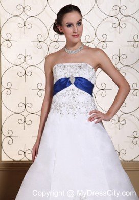 Lovely Embroidery and Beading Wedding Dress with Blue Train and Sash