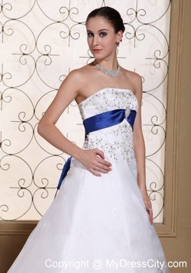 Lovely Embroidery and Beading Wedding Dress with Blue Train and Sash