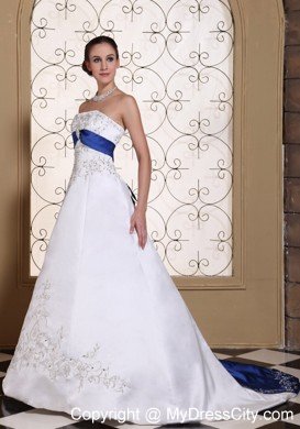 Lovely Embroidery and Beading Wedding Dress with Blue Train and Sash